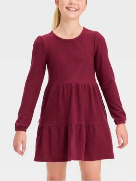 Cat & Jack Other - Cat & Jack Girls Burgundy Long Sleeve Tiered Ribbed Waffle Knit Dress Size 8